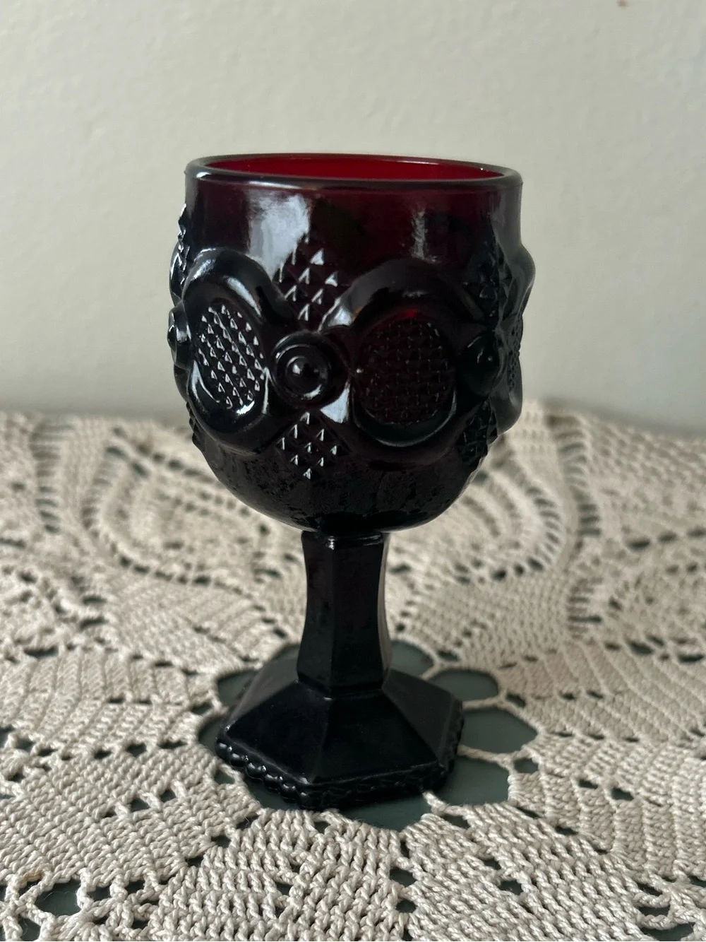 Vintage Avon Cape Cod Ruby Red Glass Cordial Goblet Pedestal Wine Glass 3.5”